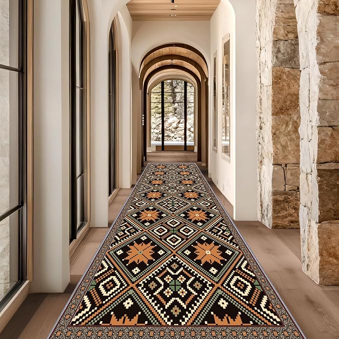 Brown Black Geometric Diamond Pattern Hallway Runner Rug - 2x10ft Soft Washable Rug, Corridor & Foyer High-Traffic Area Rugs, Durable Non-Slip Mat, Ethnic Southwestern Style Home Decor