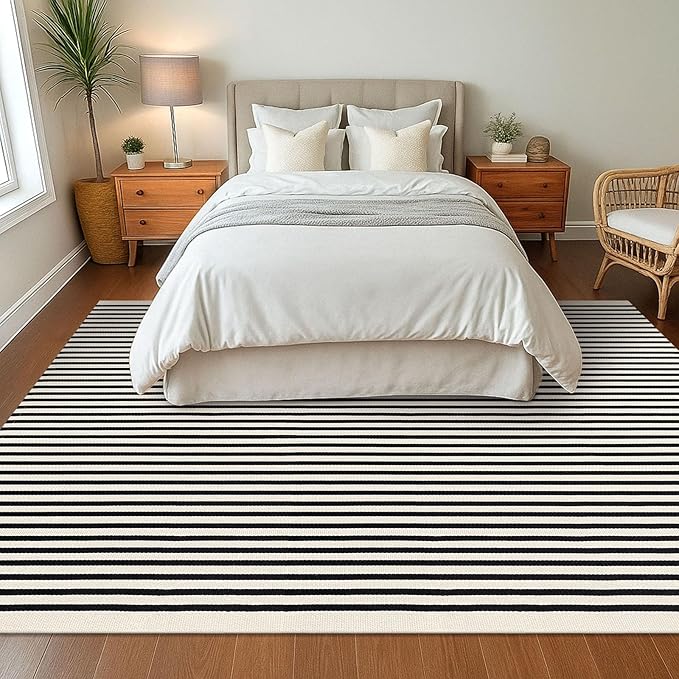 KOZYFLY Black and Beige Striped Rug 8x10 Ft Area Rug Washable Indoor Outdoor Rug Cotton Outdoor Patio Rugs Farmhouse Rugs for Living Room Carpet for Patio Dining Room Bedroom
