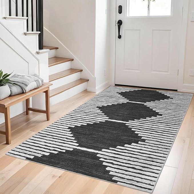HelloTree Area Rug 3x5 Geometric Rug,Washable Modern Neutral Stain Resistant Indoor Carpet Boho Living Room Moroccan Rugs Fluffy Rug for Living Room Bedside Room Decor for Family-Black