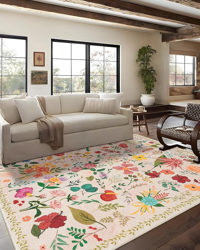Washable Rugs 8x10 Floral Vintage Washable Area Rug Non Slip Low Pile Large Rugs for Living Room Dining Room Bedroom Farmhouse Kids Playroom