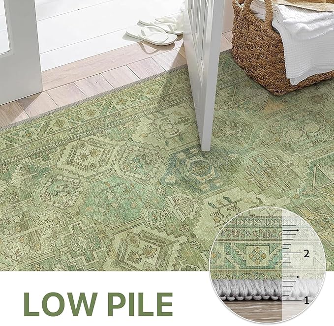 Bavni Washable Rug 9x12 Area Rug for Living Room Bedroom Dining, Washable Vintage Print Carpet, Ultra-Thin Chenille Low Pile Lightweight Rug with Non Slip Backing, Light Green