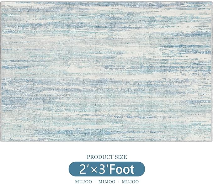 MUJOO Small Rug Washable,2x3 Area Rugs for Entryway Entry Entrance Bedroom Bathroom,Modern Abstract Low Pile Throw Rug,Front Door Mat Non Slip Accent Neutral Carpet Indoor Blue