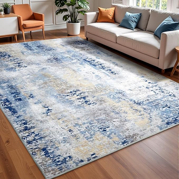 Washable Abstract Rug, 6x9 Modern Area Rugs with Non-Slip Rubber Backed for Living Room, Thin but Soft Contemporary Carpet Kitchen Bedroom Dining Room Decor, Midnight Blue