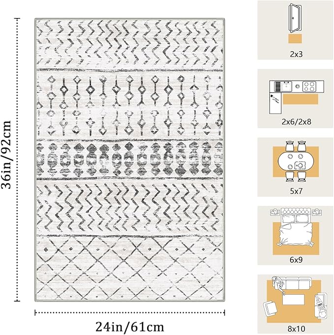 2x3 Machine Washable Area Rug for Entryway, Grey White Vintage Moroccan Rug Non-Slip Low Pile Soft Faux Wool Small Carpet, Kids and Pets Friendly for Bedroom Kitchen Hallway Home Decor Rug