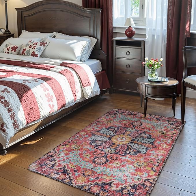 Lahome Bohemian Floral Medallion Area Rug - 3x5 Hot Pink Rug for Girls Room Front Entry Mat, Non-Slip Machine Washable Soft Throw Carpet for Bathroom Apartment Entrance Laundry, Fuchsia/Multi