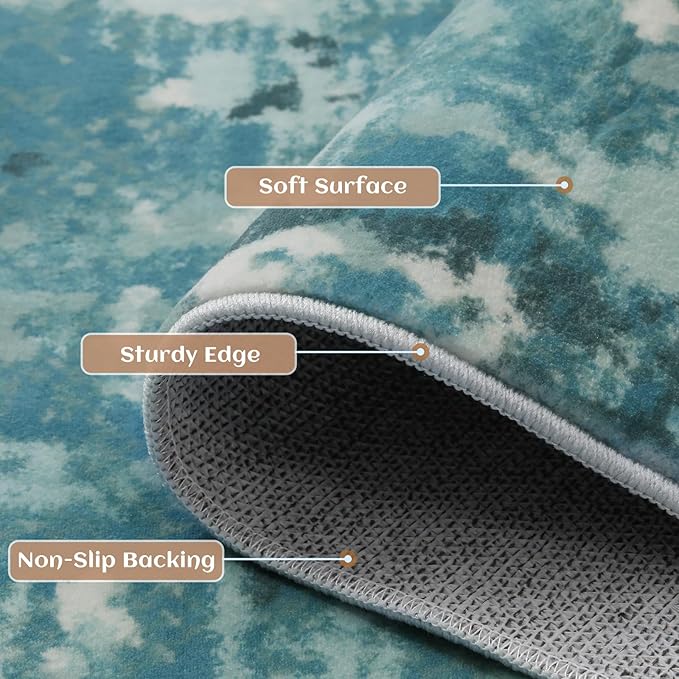 9x12 Abstract Area Rugs for Living Room, Modern Teal Blue Washable Indoor Rug for Bedroom, Thin Soft Large Non-Slip Carpet for Dining Room Home Office Farmhouse Decor