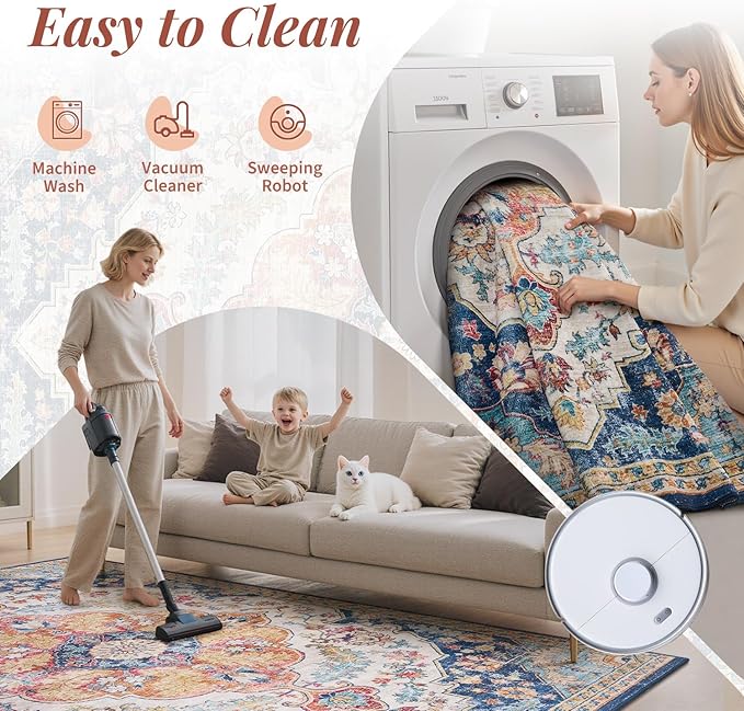 tchdio 3x5 Bedroom Area Rug, Non Slip Washable Entryway Rug Indoor, Soft Low Pile Vintage Door Mat, Stain Resistant Rug for Entrance, Bedside, Dining Room (Multi, 3'x5')