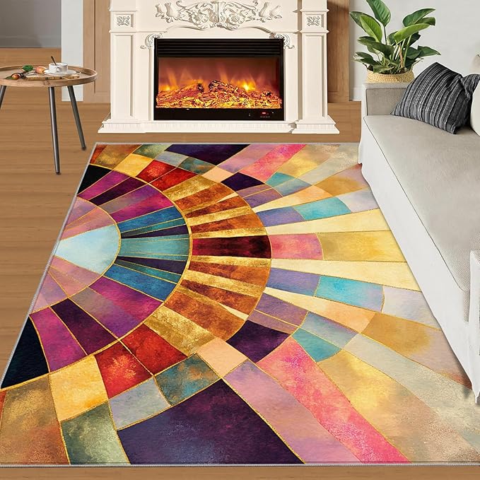 Chromatic Geometric Area Rugs 3x4ft, Abstraction Deco Kids Bedroom Rug, Mosaic Sunburst Bedside Rug Durable Non Slip for Cafe Living Room Under Table Boys Room Decor
