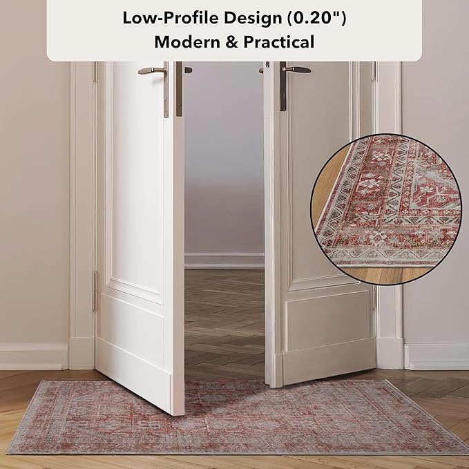 Kuden 9x12 Large Area Rug, Machine Washable Area Rug with Non-Slip Backing, Vintage Style, Soft, Easy Clean, Low Pile Rug for Living Room, Bedroom, Dining Room