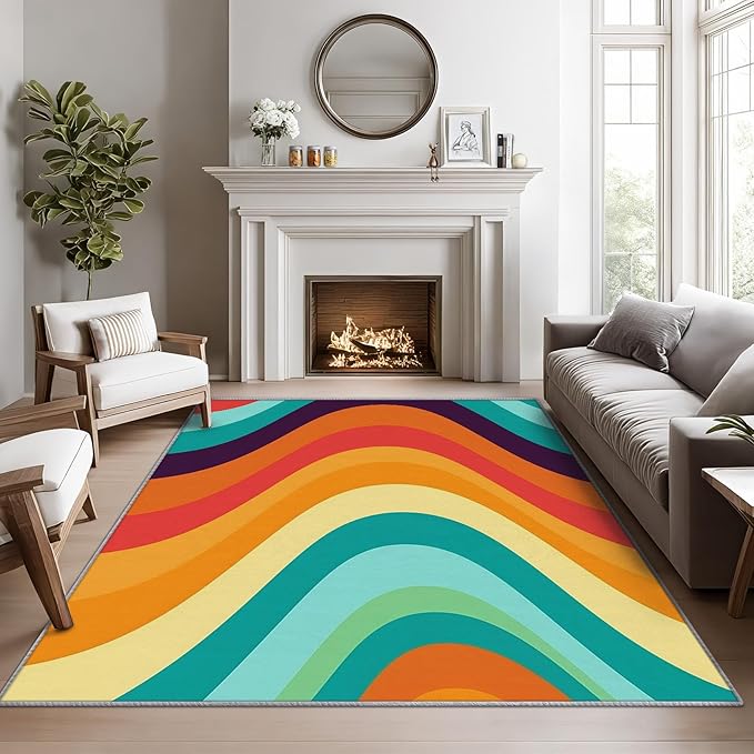 Retro Rugs for Living Room 70s -Abstract Wave Rug, 6x8 ft, Colorful Rainbow Washable Rugs for Living Room, Groovy Geometric Area Rug for Bedroom, Mid Century Retro 70s Home Decor & Gifts