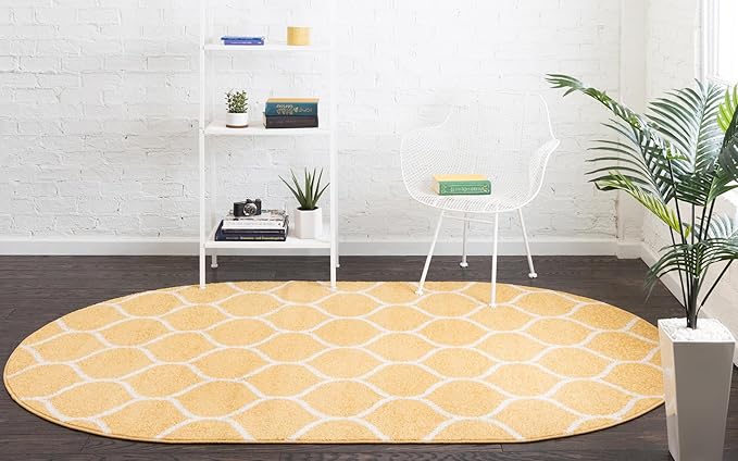 Rugs.com Lattice Frieze Collection Rug – 8' x 10' Oval Yellow Medium Rug Perfect for Living Rooms, Large Dining Rooms, Open Floorplans