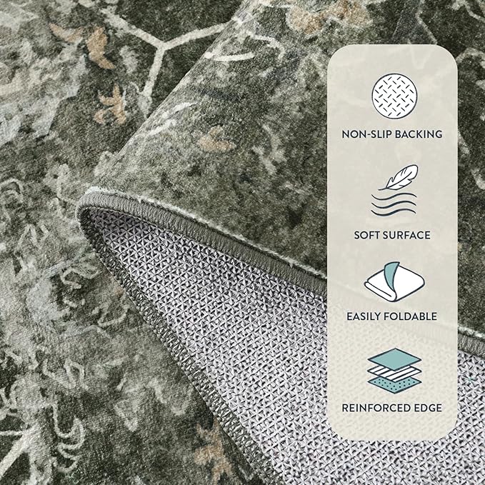 Lahome 6x9 Boho Green Area Rugs Washable Rugs for Living Room,Large Rugs for Bedroom Aesthetic,Distressed Non Slip Low Pile Dining Room Rug Carpet for Home Office Playroom(6'x9',Green)