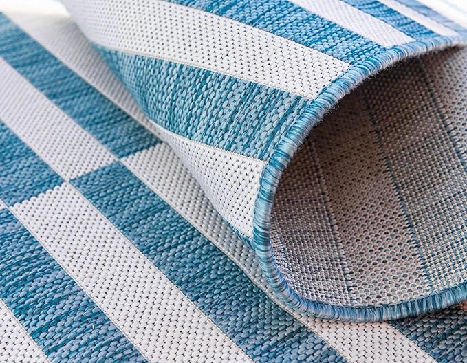 Unique Loom Outdoor Collection Classic Stripes, Transitional Indoor & Outdoor Area Rug, 8' 0 x 11' 0, Blue/ Ivory