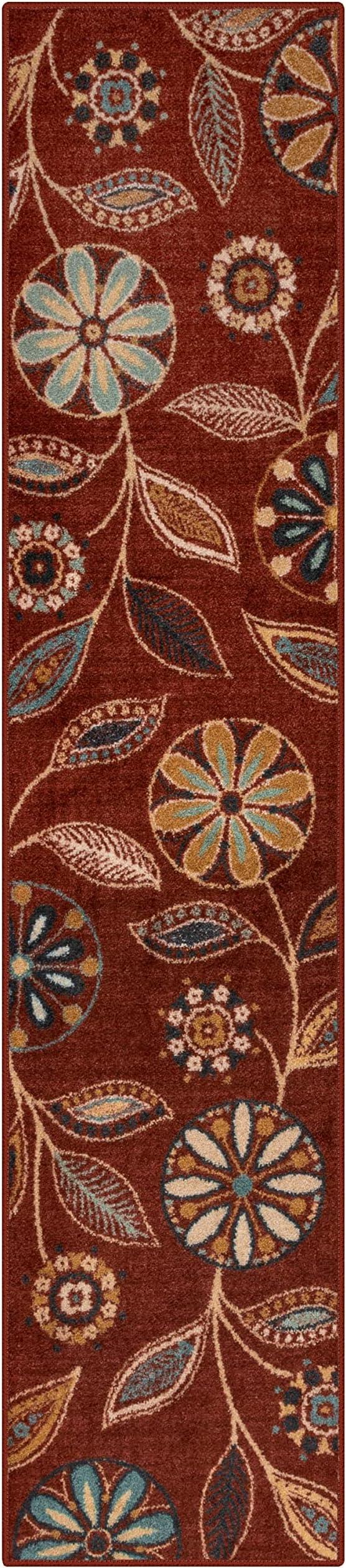 Maples Rugs Reggie Floral Runner Rug - Made in USA - Washable, Non Slip Indoor Carpet for Kitchen, Hallway, and Laundry Room, 2' x 9', Merlot