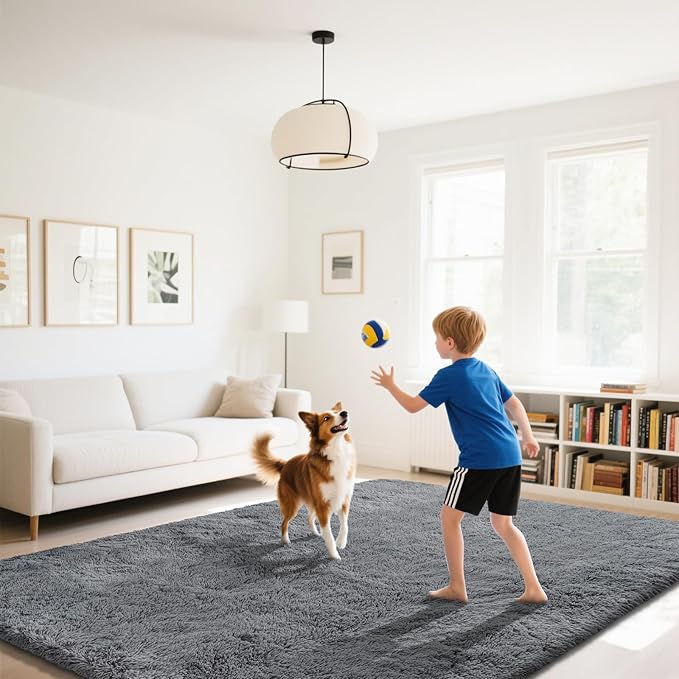 Fluffy Rug Shaggy Area Rug, Dark Grey 10x14 Area Rugs for Bedroom, Super Soft Shaggy Rugs for Living Room Bedroom Kids Room Home Decor, Upgrade Anti-Skid Rectangular Fuzzy Rug