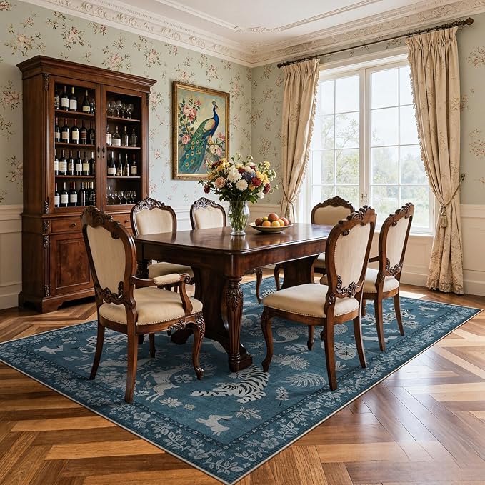 Moynesa Animal Area Rugs 5x7, Washable Luxurious Vintage Boho Blue Area Rug for Bedroom Living Room Dining Room Office Playroom, Farmhouse Low Pile Soft Non-Slip Carpets for Indoor