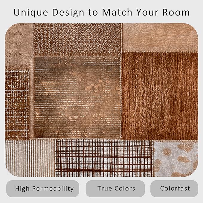 Patchwork Rug, Washable 4x6 Rug for Living Room, Geometric Brown Patterned Indoor Carpet, Patchwork Decor for Home, Bedroom, Soft Non Slip Thin Design FER6