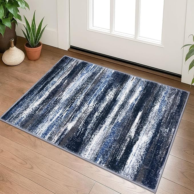 Modern Abstract Entryway Rug Indoor 2x3 Washable Rug Non-Slip Soft Small Area Rug Navy Blue Kitchen Mats Thin Print Faux Wool Floor Carpet Throw Rugs for Entrance Bedroom