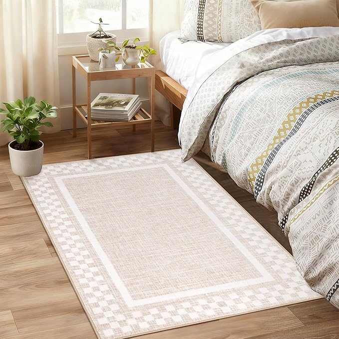 Small Area Rug 2x3 Modern Checkered Entry Rug Solid Color Scalloped Kitchen Rugs Washable Bedroom Doormat Non Slip Stain Resistant Bordered Throw Carpet for Living Room Nursery Laundry, Beige