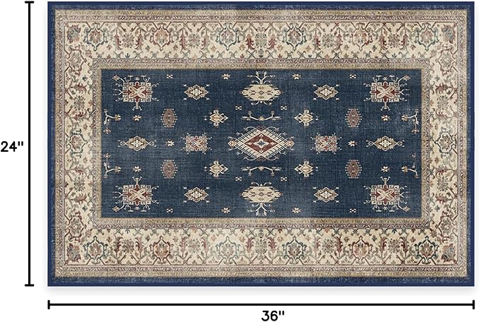 RUGGABLE Washable Vintage Area Rug – Verena Sapphire 2x3, Stain-Resistant, Non-Slip – Small Machine Washable Rugs for Living Room, Bedroom, Hallway, Entryway & Bathroom–with Standard Pad