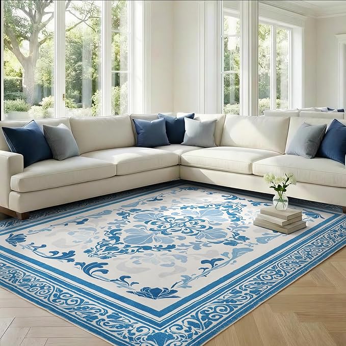 SOULFUL Medium Pile 3x5 Area Rug - Soft Foot Feel Small Entryway Rug - Blue Boho Floral - Washable Non-Slip - Perfect for Living Room Bedroom Foot Kids Room Reading Nook