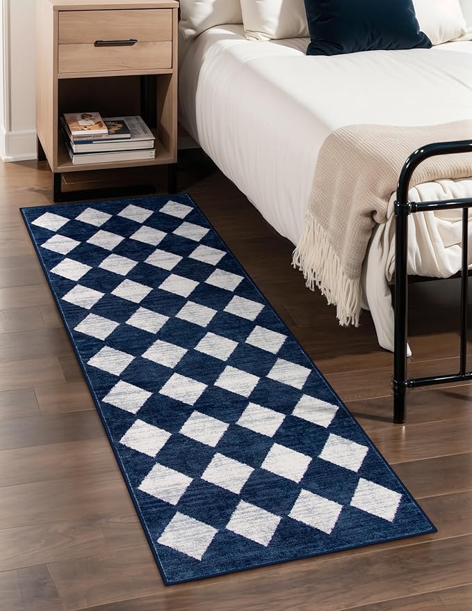 Lahome Checkered Washable Runner Rug,2x6 Rug Runners for Hallways Non Slip,Blue Kitchen Runner Rug,Moroccan Trellis Soft Low Pile Carpet Runners for Entryway Laundry Room Bathroom(2'x6',Blue)