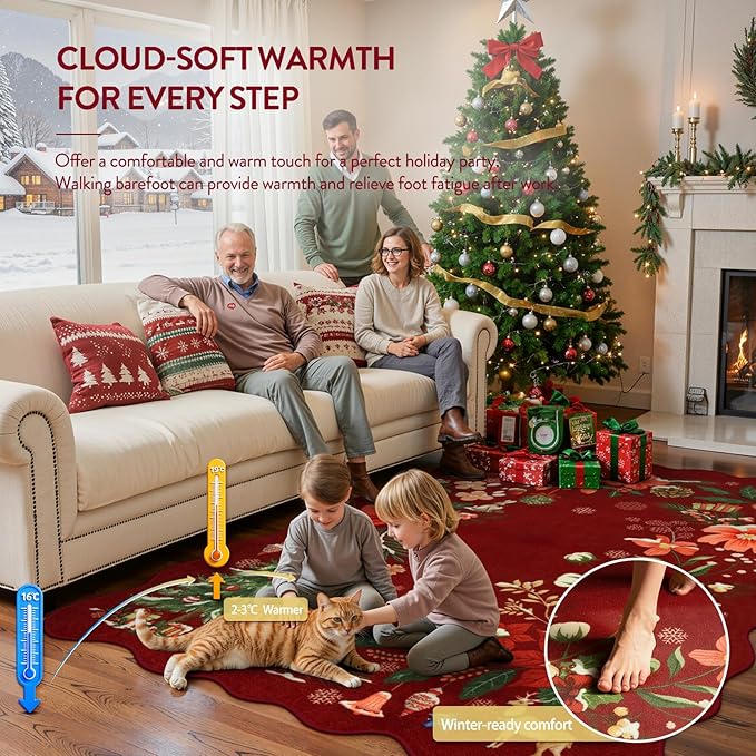 Lahome Floral Christmas Rugs for Living Room, 5x7 Christmas Area Rug for Bedroom Large Washable Carpet, Soft Stain Resistance Xmas Tree Carpets for Under Table Dining Room, Red