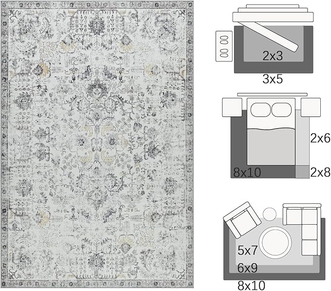 jinchan Kalen Runner Rug 3x8 Washable Area Rug Soft Vintage Indoor Floor Cover Thin Retro Distressed Grey Multi Carpet Floral Print Country Non Slip for Bathroom Kitchen Bedroom Living Room