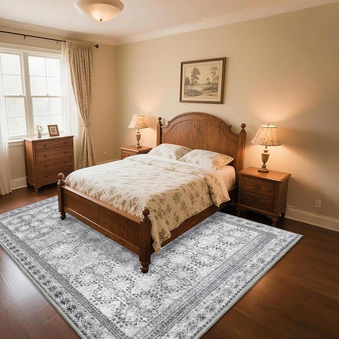 6x9 Washable Area Rug Non Slip, Faded Grey Living Room Rugs Low Pile, Thin Vintage Floral Carpets, Indoor Large Distressed Print Carpet for Bedroom Dining Room Farmhouse Home Office College Dorm
