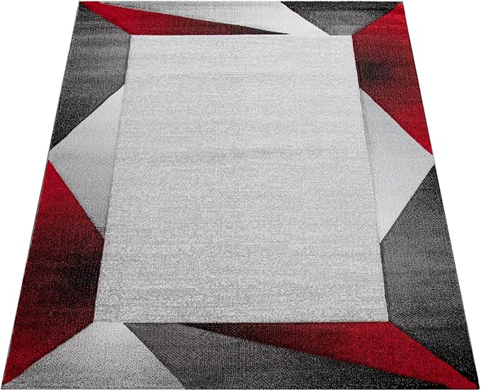 Paco Home Modern Area Rug Bordered with Geometric Pattern Red Grey with Contour Cut, Size: 6'7" x 9'6"