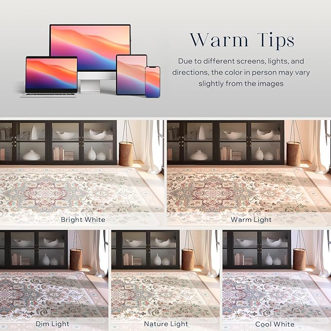 Phantoscope Washable Area Rug 9'x12' Non-Slip, Vintage Boho Rugs for Living Room, Bedroom, Dining Room, Persian Floral Medallion Pattern, Low-Pile Foldable Floor Carpet, Ivory Rose/Fall Bloom