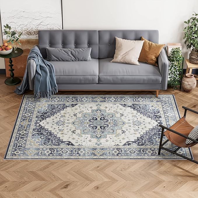 Dripex Vintage Washable Area Rug - 3x5 Entryway Rug for Indoor Door Mat Low-Pile Non-Slip Bedside Rug Bedroom Oriental Medallion Floral Print Carpet Soft Accent Rug Farmhouse Office Home Decor
