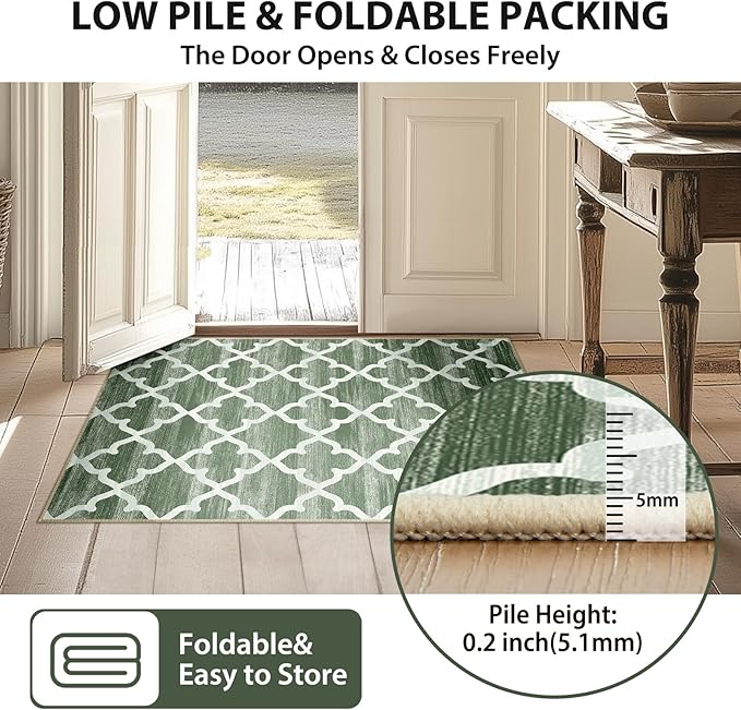 Area Rug 2x10, Moroccan Trellis Print Carpet, Machine Washable Non-Slip Rugs for Living Room, Bedroom, Dining Room & Entryway, Green
