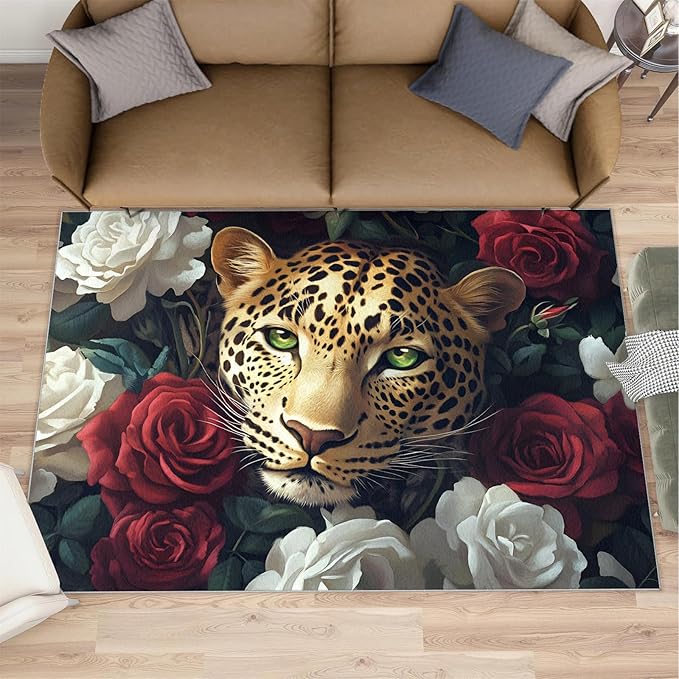 Leopard Rugs for Bedroom - 6x9 Area Rug - Flowers Leopard Rugs for Living Room, 3D Flowers Animal Rug, Washable Home Decor Carpet