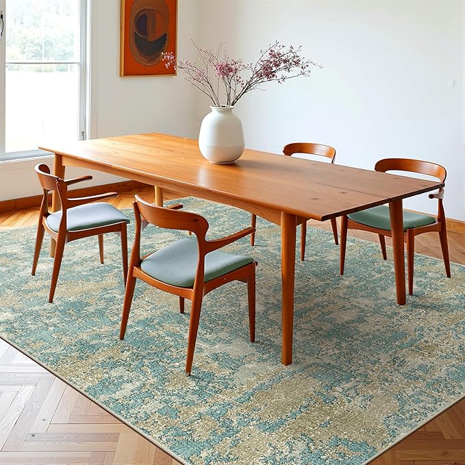 WITSHOCK Living Room Area Rugs 6x9：Modern Abstract Machine Washable Large Rug for Bedroom Dining Room Non-Slip Stain Resistant Home Office Decor,Teal Brown