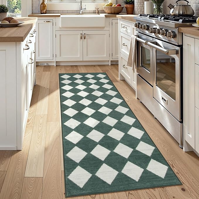 Lahome Checkered Washable 2x6 Green Runners for Hallways Non Slip, Ultra-Thin Kitchen Bathroom Runner Rugs, Moroccan Trellis Throw Carpet Runner for Bedroom Entryway Decor (2'x6',Dark Green)