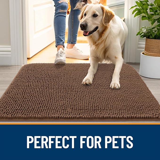 OLANLY Dog Door Mat for Muddy Paws 30x20, Absorbs Moisture and Dirt, Absorbent Non-Slip Washable Doormat, Quick Dry Chenille Mud Mat for Dogs, Entry Indoor Entryway Carpet for Inside Floor, Mocha