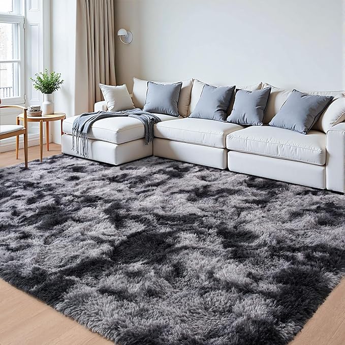 Beglad Fluffy Large Area Rugs 9x12 Feet, Modern Minimalist Style Shag Fuzzy Rugs, Non-Slip Indoor Carpet Soft Rugs for Kids Room, Bedroom & Living Room, Tie-Dyed Dark Grey