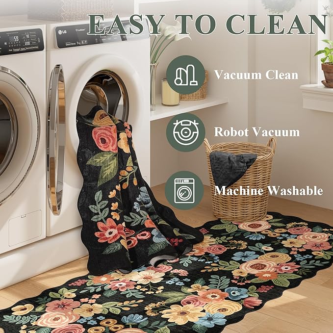 DUKINO 2x5 Washable Runner Rugs, Non Slip Floral Print Entryway Rug with Soft Low Pile, Lightweight Mat for Living Room, Bathroom, Bedroom, Kitchen, Black
