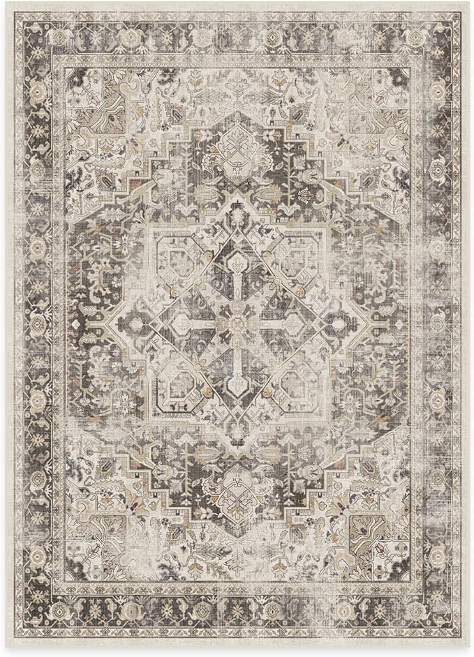 RUGGABLE Washable Vintage Area Rug – Kamran Hazel 5x7, Stain-Resistant, Non-Slip – Medium Machine Washable Rugs for Living Room, Bedroom, Hallway, Entryway & Office–with Standard Pad