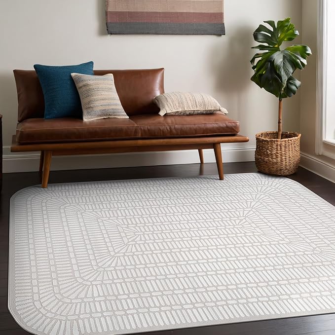 Beverly Rug Modern Geometric Area Rug 5x7 Low-High Pile Durable Soft Abstract Grid Indoor Rugs for Living Dining Room Office Stain Resistant Non Shedding Casual Indoor Carpet Beige White 5 x 7