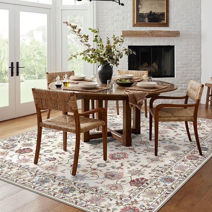 6x9 Area Rug for Living Room - Large Traditional Floral Washable Rugs for Bedroom Non-Slip Colorful Boho Dining Room Rug Low-Pile Cream Farmhouse Carpet Soft Vinatge Bohemian Foyer Rug