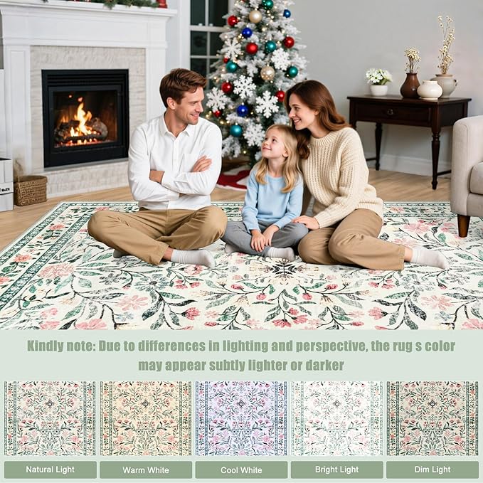 Area Rug Living Room Rugs: Floral 5x7 Washable Rug Vintage Soft Boho Non-Slip Carpet Indoor Stain Resistant Large Carpets for Bedroom Dining Room Farmhouse Nursery Hallway Home Office Green Beige