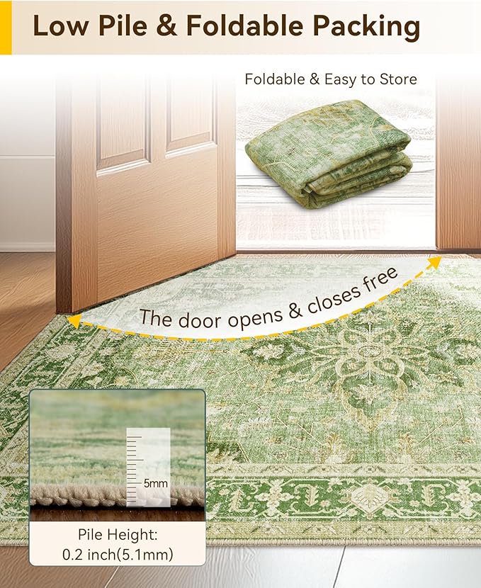 Area Rugs 7'x9' Washable Non-Slip, Floral Vintage Distress Print Pattern Medallion Carpet for Living Room Bedroom Dining Room, Sage Green Yellow