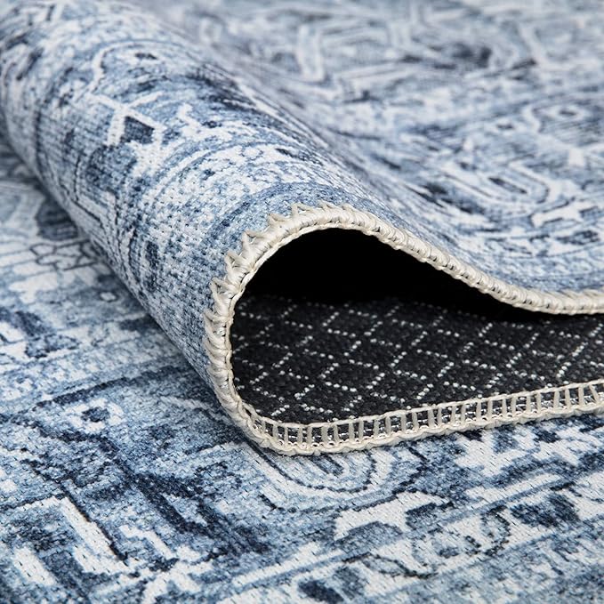 Bloom Rugs Washable Non-Slip 9' x 12' Rug - Ivory/Denim Blue Traditional Medallion Area Rug for Living Room, Bedroom, Dining Room, and Kitchen - Exact Size: 9' x 12'