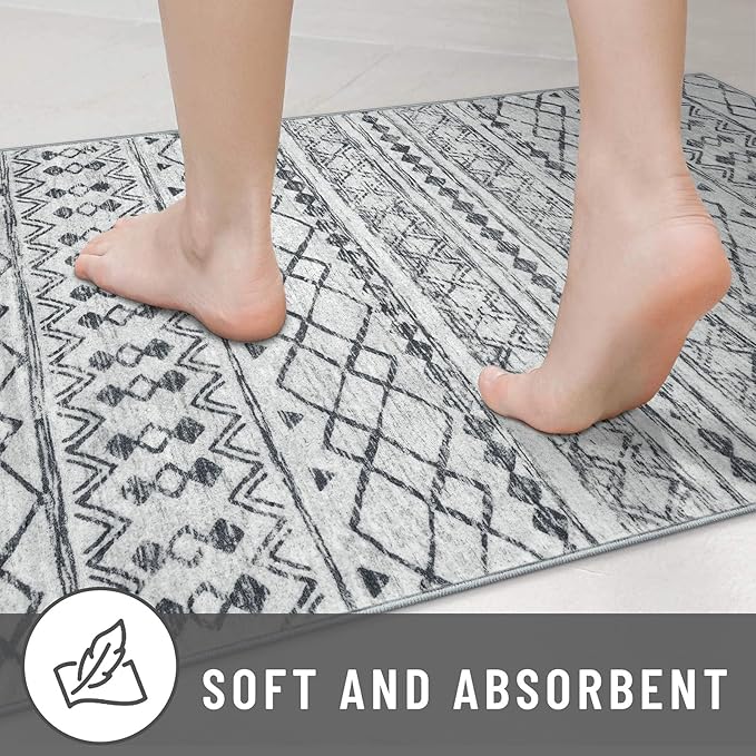 KUTA Moroccan Rugs for Entryway, 2PCS 2x3 and 2x6 Grey Entrance Small Area Rug, Non-Slip Washable Ultra Soft Hallway Runner Rug, Vintage Geometric Low-Pile Indoor Door Mat Floor Carpet