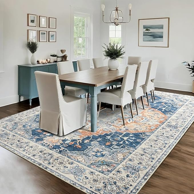 Area Rugs 4x6, Low Pile Washable Rugs, Soft Vintage Distressed Rugs for Bedroom, Living Room, Dining Room, Water Repellent, Non Shedding, Blue and Orange