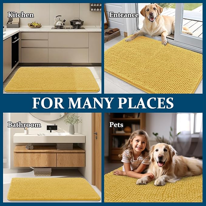 OLANLY Dog Door Mat for Muddy Paws 47x24, Absorbs Moisture and Dirt, Absorbent Non-Slip Washable Doormat, Quick Dry Chenille Mud Mat for Dogs, Entry Indoor Entryway Carpet for Inside Floor, Yellow