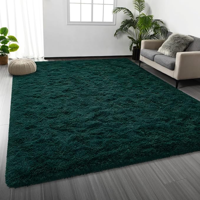 Large Shag Area Rugs 5 x 8, Plush Fuzzy Rugs for Living Room, Ultra Soft Fluffy Furry Rug for Bedroom, Indoor Carpet Nursery Rugs for Kids Room Home Decor, Deep Green
