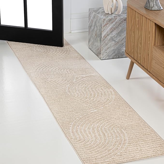 JONATHAN Y Hallie High-Low Curve Beige/Cream 2x8 Indoor/Outdoor Runner Rug, Minimalist Geometric, Pet Friendly, for Patio, Backyard, Living Room, Bedroom, Office, Hose-Washable (SCN100D-28)